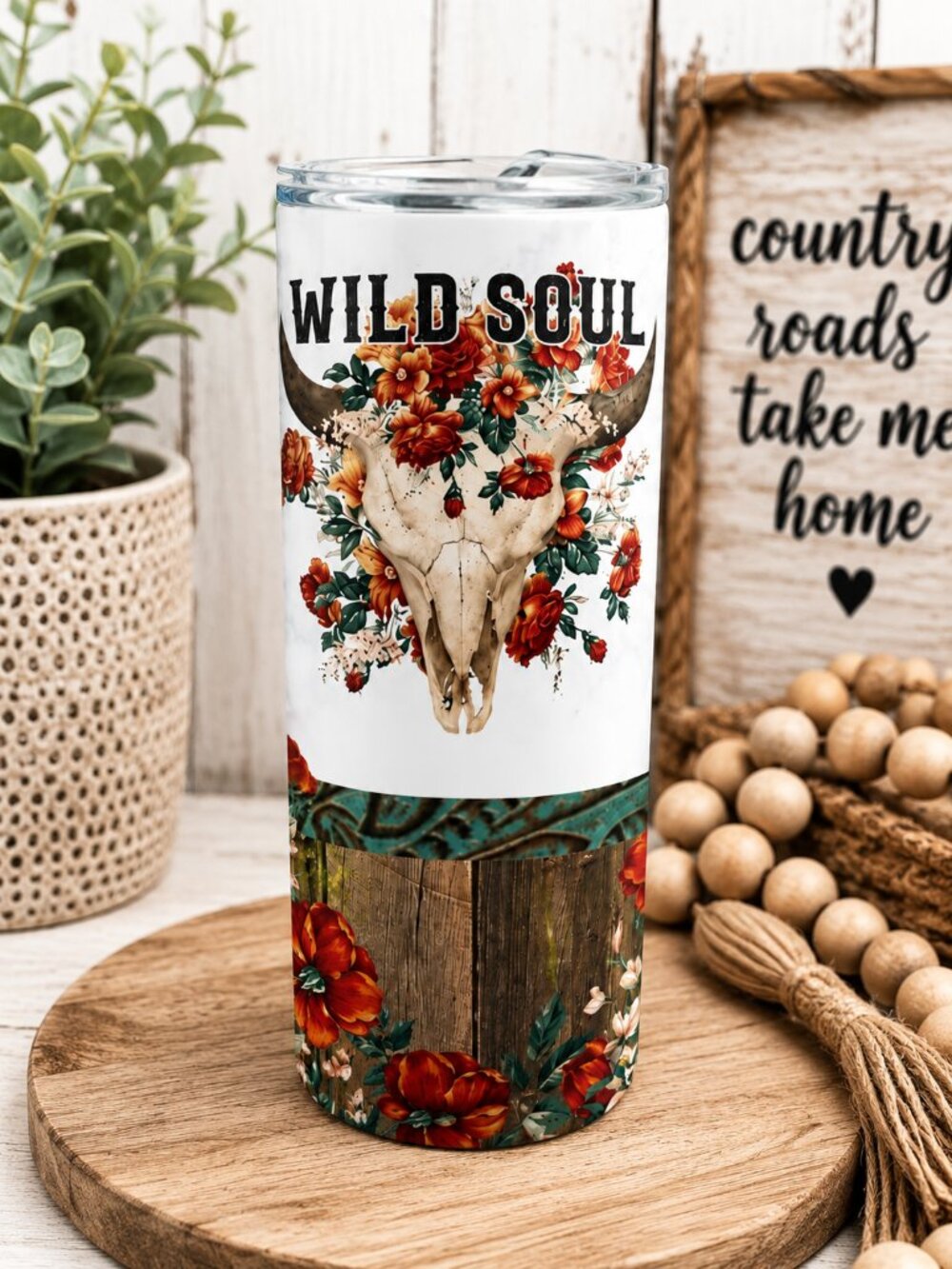 20 oz Skinny Tumbler Wild Soul Bull Skull Custom Insulated Drinkware with Straw